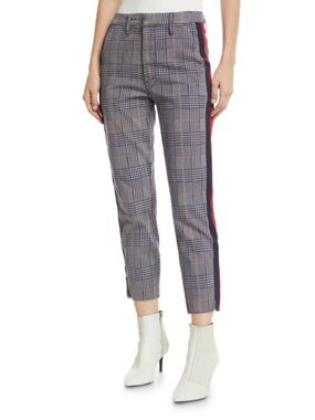 MOTHER Shaker Prep Fray Plaid jeans in a grey check print raw hem size 26